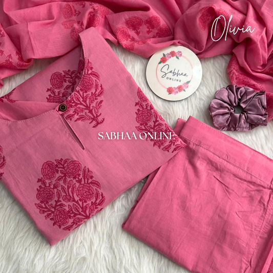 Olivia - Pink Cotton kurti 3pc set with lining