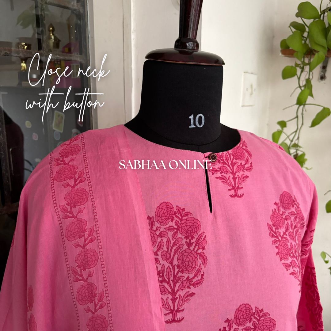 Olivia - Pink Cotton kurti 3pc set with lining