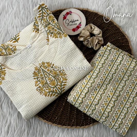 Omana - Offwhite and yellow Cotton Kurti 3pc set with lining