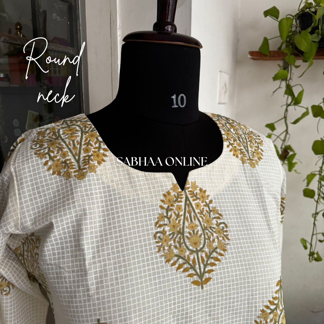 Omana - Offwhite and yellow Cotton Kurti 3pc set with lining