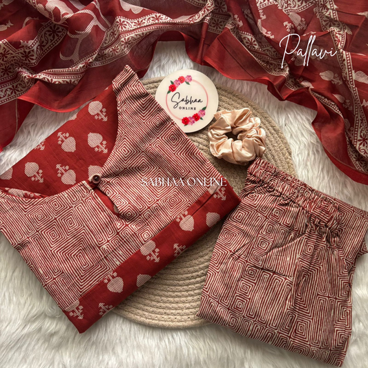Pallavi - Brick Red Cotton Kurti 3pc set with lining