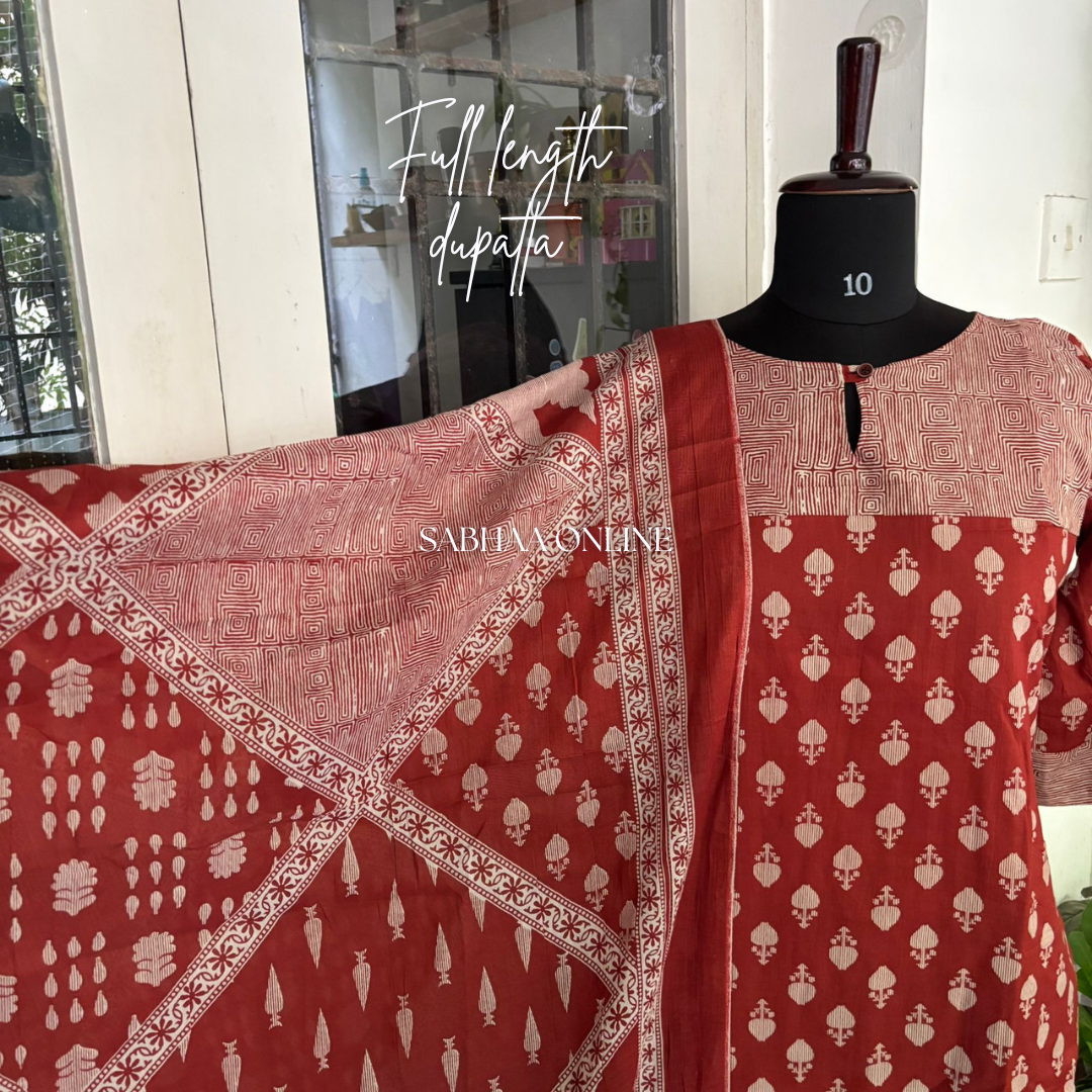 Pallavi - Brick Red Cotton Kurti 3pc set with lining