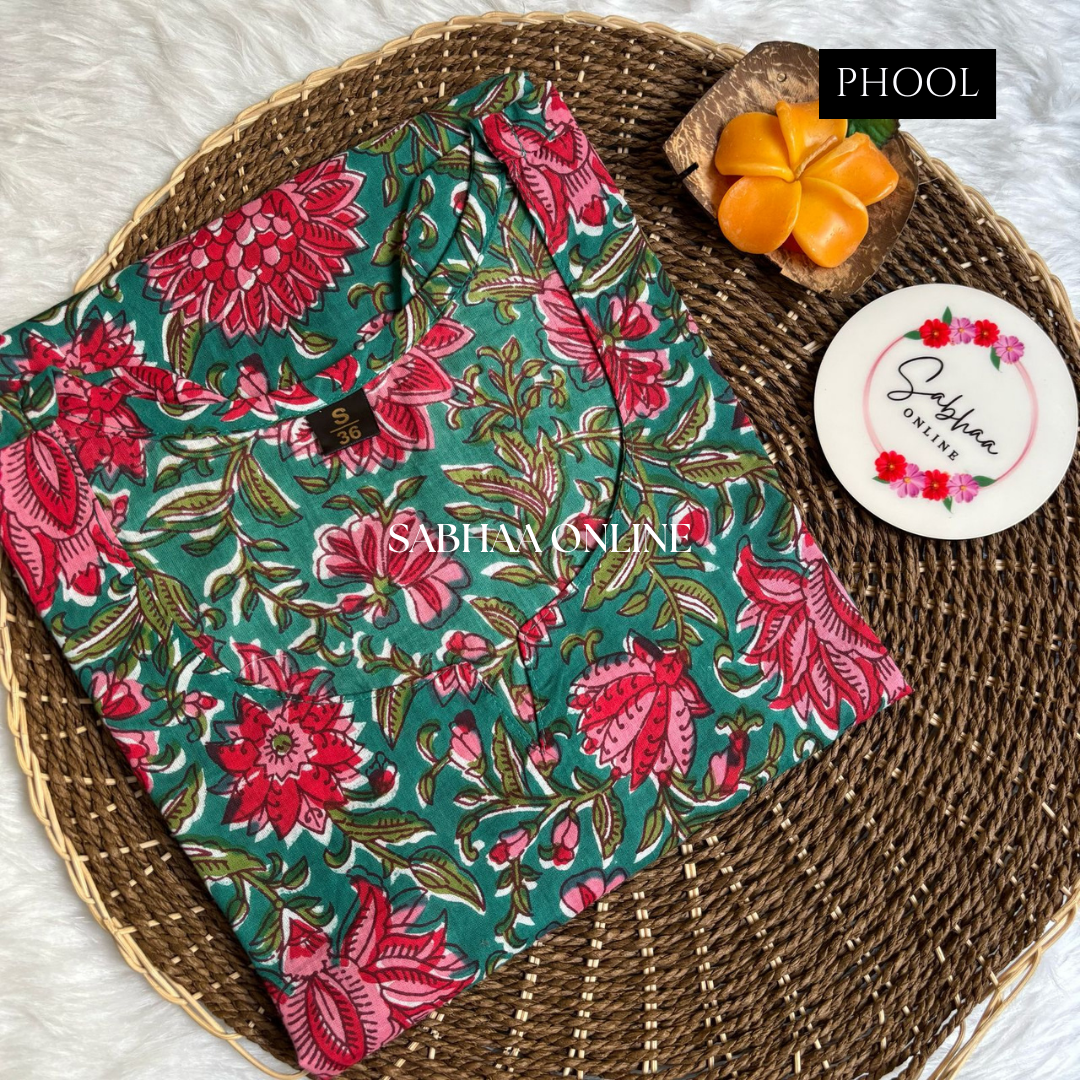 Phool - Pine green Cotton Short kurti