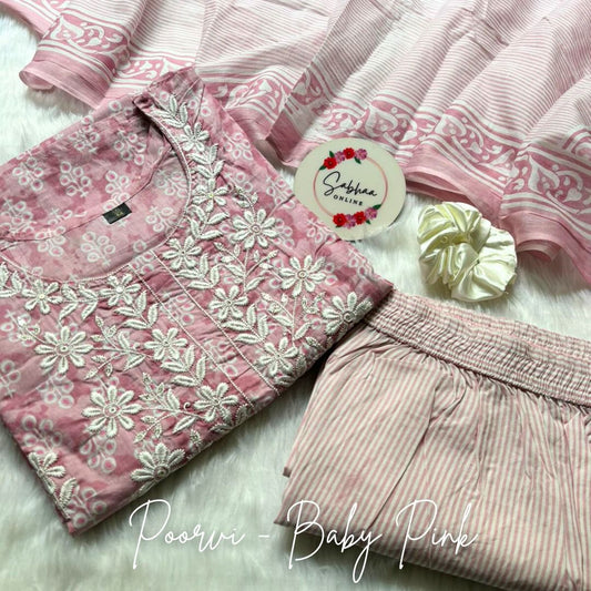 Poorvi - Pink Cotton kurti 3pc set