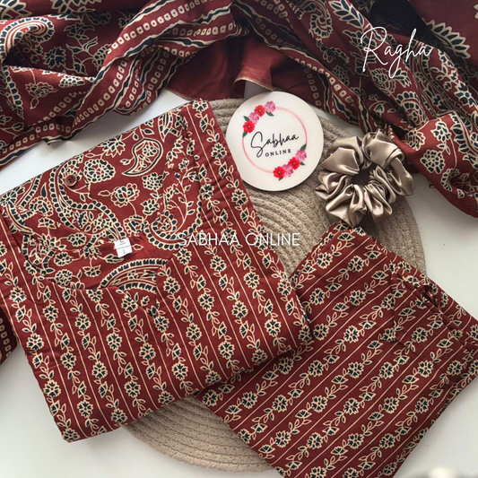 Raga - Teracotta Red Ajrakh Cotton kurti 3pc set with lining - LN 18