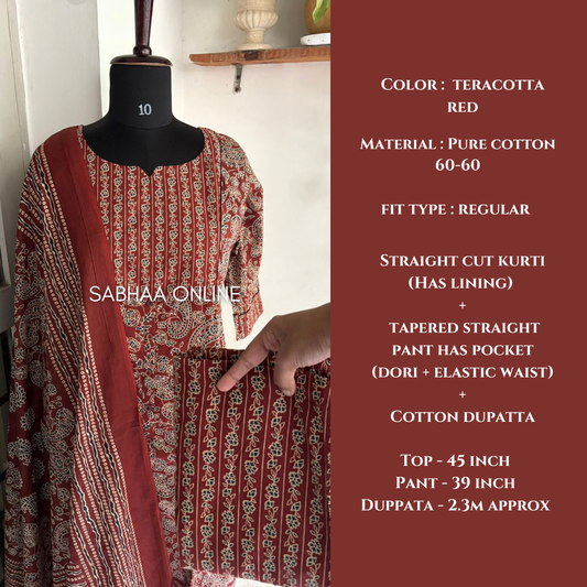 Raga - Teracotta Red Ajrakh Cotton kurti 3pc set with lining - LN 18