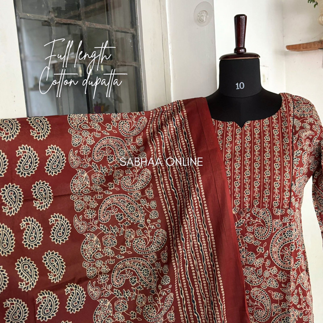 Raga - Teracotta Red Ajrakh Cotton kurti 3pc set with lining - LN 18