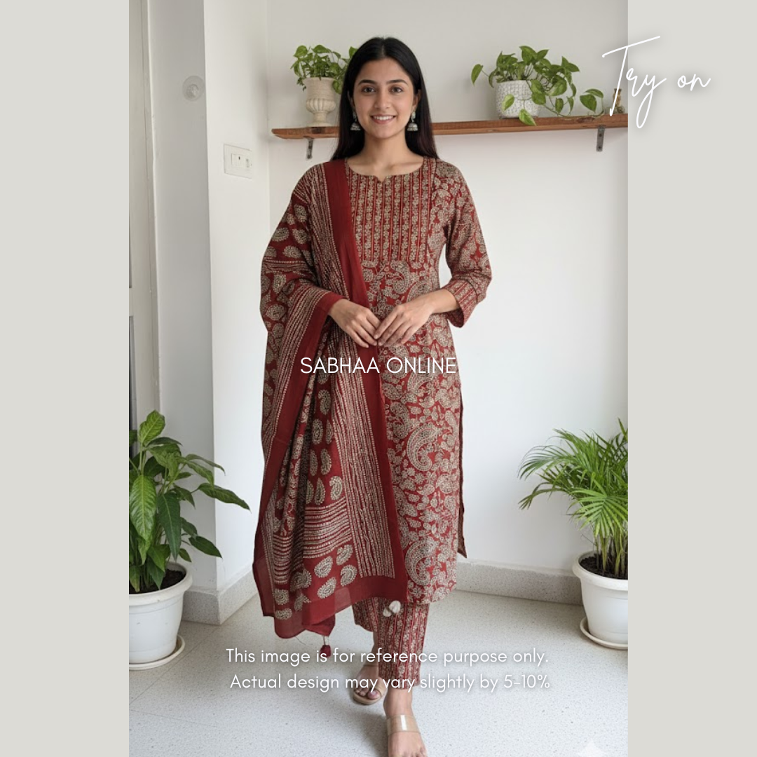 Raga - Teracotta Red Ajrakh Cotton kurti 3pc set with lining - LN 18