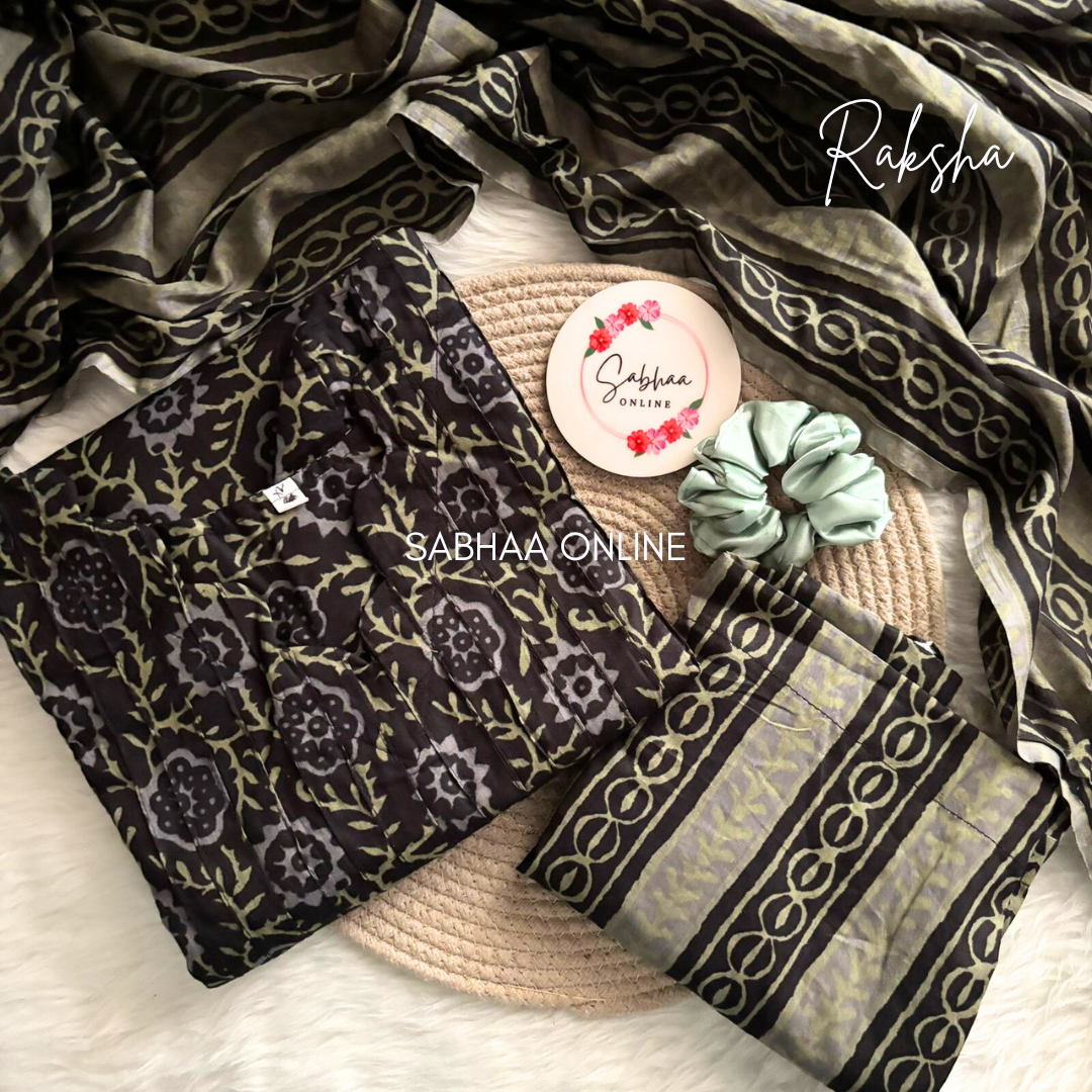 Raksha - Black and grey Cotton Kurti 3pc set with lining - LN6