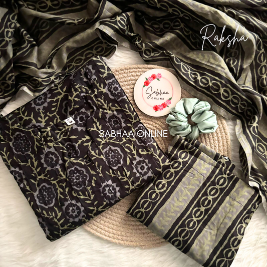 Raksha - Black and grey Cotton Kurti 3pc set with lining - LN6