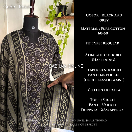 Raksha - Black and grey Cotton Kurti 3pc set with lining - LN6
