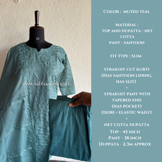Yalina - Muted Teal Net Cotta kurti 3pc set with lining - LN 31