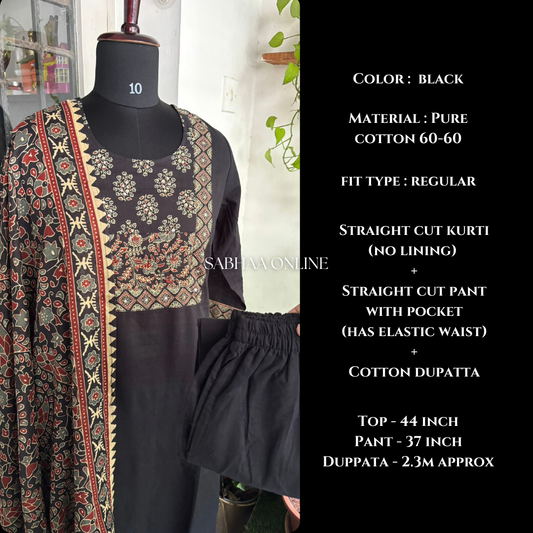 Rana - Black Solid + Ajrak printed Cotton Kurti 3pc set