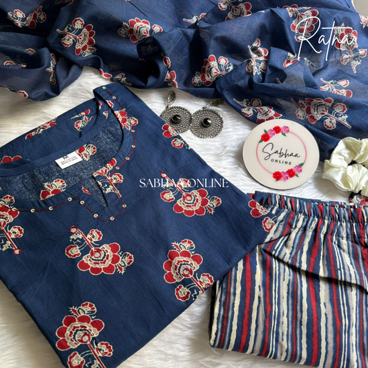 Ratna - Navy Blue Cotton kurti 3pc set
