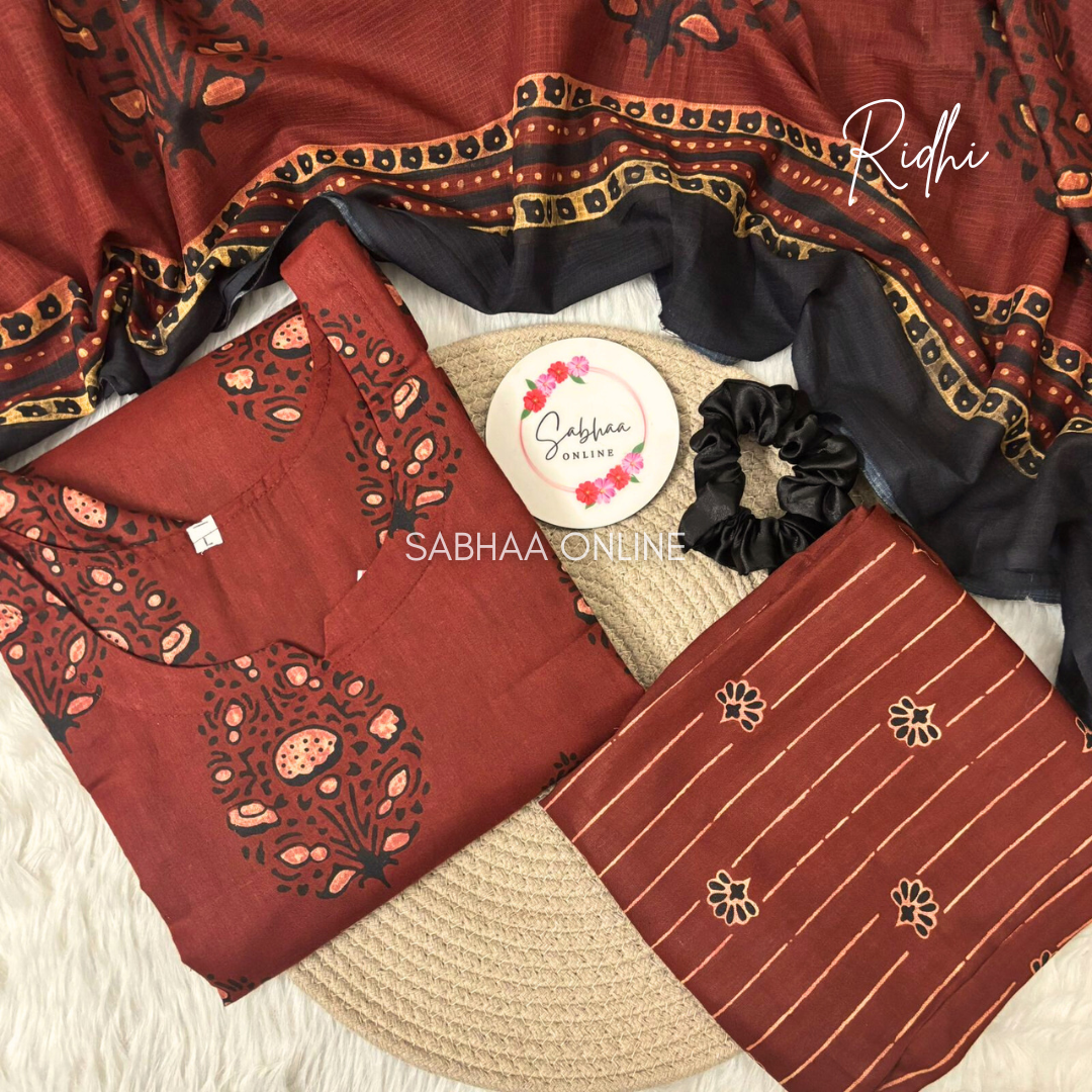 Ridhi - Barn red Cotton Kurti 3pc set with lining