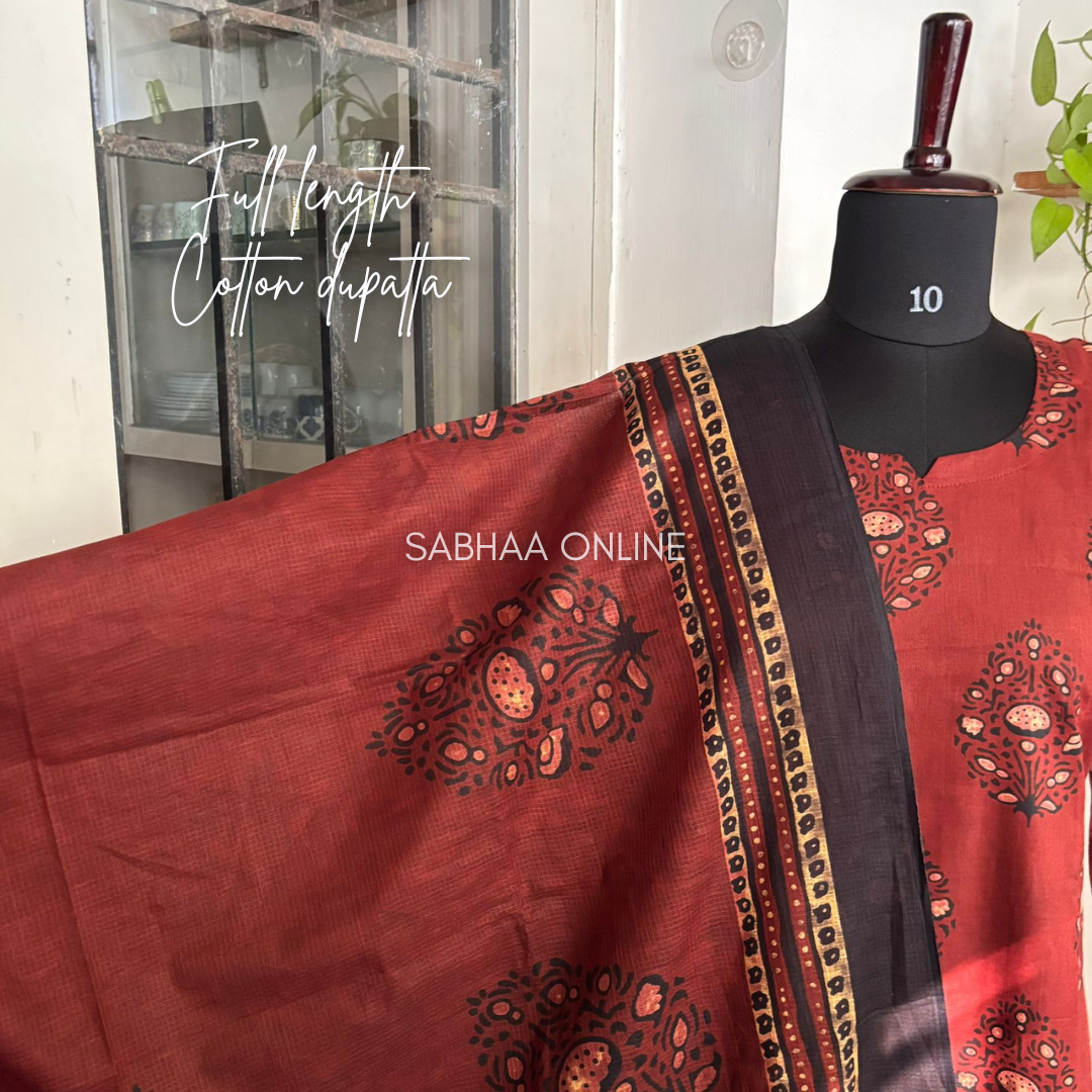 Ridhi - Barn red Cotton Kurti 3pc set with lining