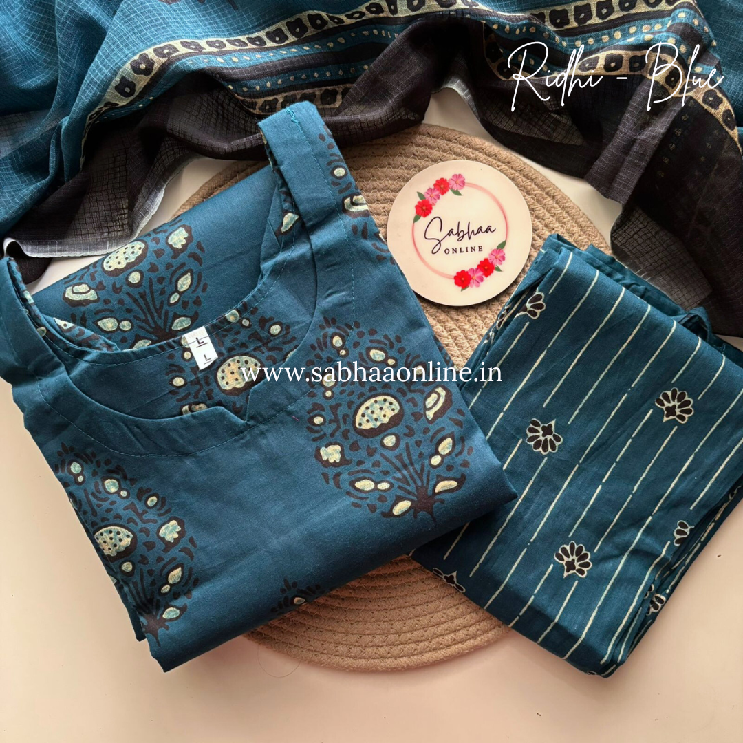 Ridhi - Peacock blue Cotton kurti 3pc set with lining - LN20