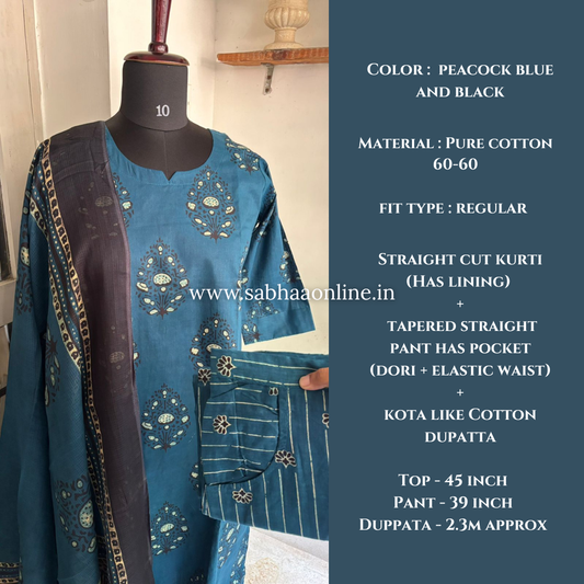 Ridhi - Peacock blue Cotton kurti 3pc set with lining - LN20