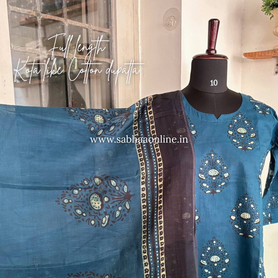 Ridhi - Peacock blue Cotton kurti 3pc set with lining - LN20