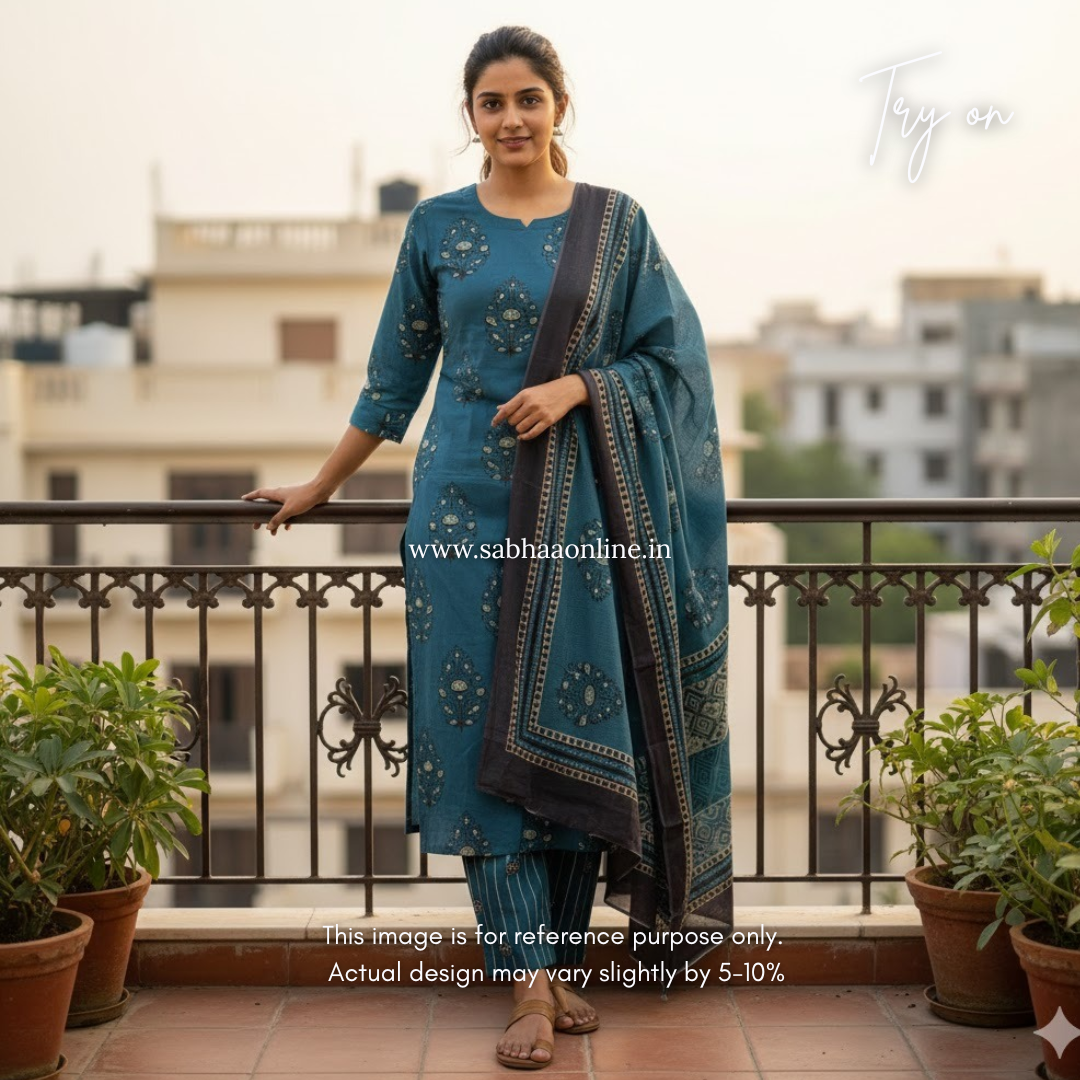 Ridhi - Peacock blue Cotton kurti 3pc set with lining - LN20