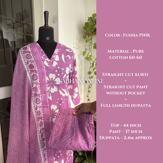 Jose - Fuschia Pink Cotton Kurti 3pc set