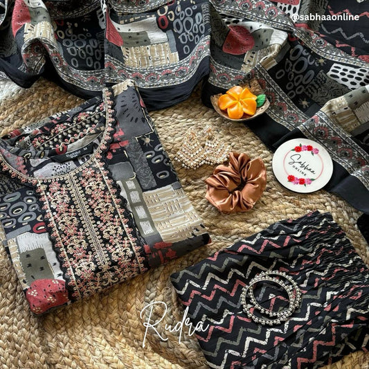 Rudra - Black Chanderi Festive Kurti 3pc set