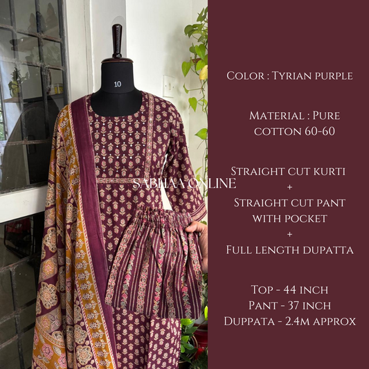 Raha - Tyrian Purple Cotton Kurti 3pc set