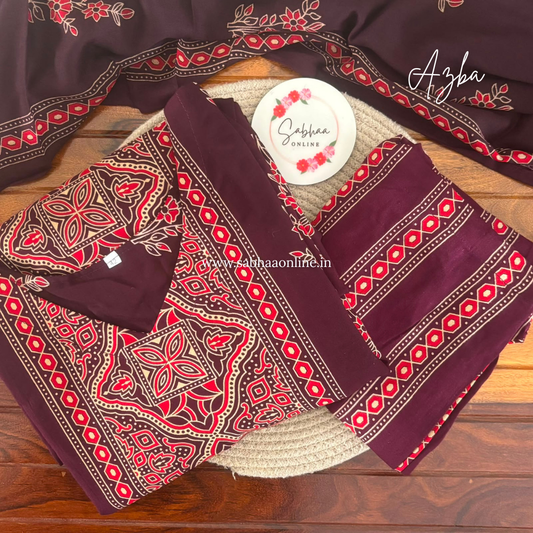Azba- Wine Premium heavy rayon printed kurti 3pc set with lining - LN 64