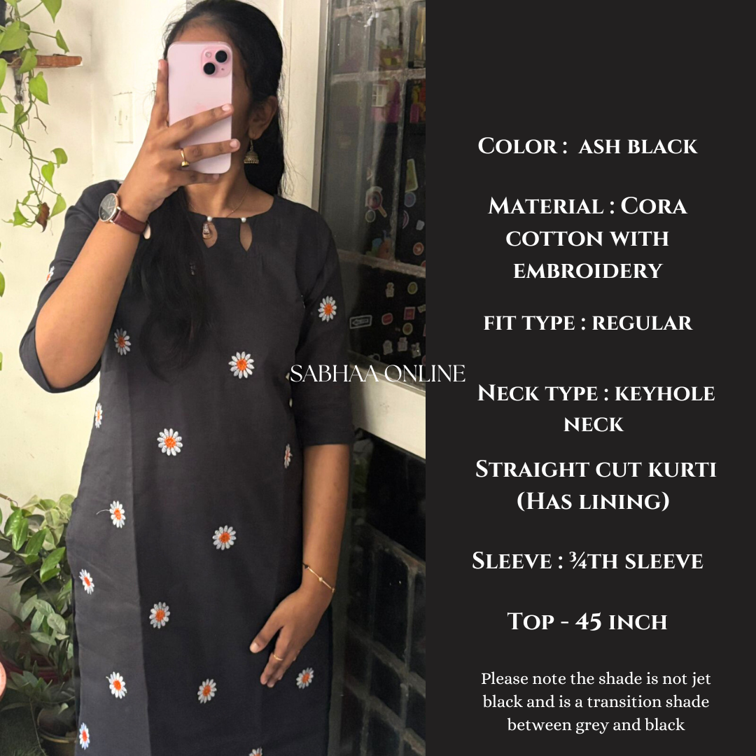 Daisy - Ash Black Cora Cotton Kurti with lining