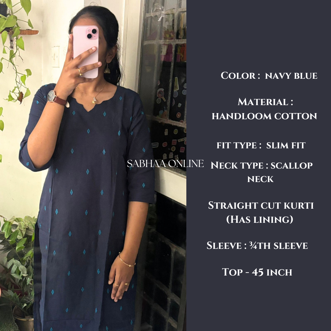 Devi - Navy Blue Handloom Cotton kurti with lining (Slim fit)