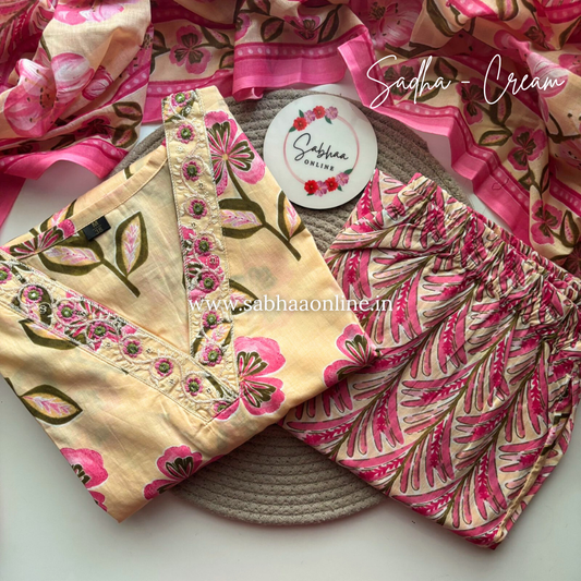 Sadha - Cream Yellow Cotton kurti 3pc set - LN 19