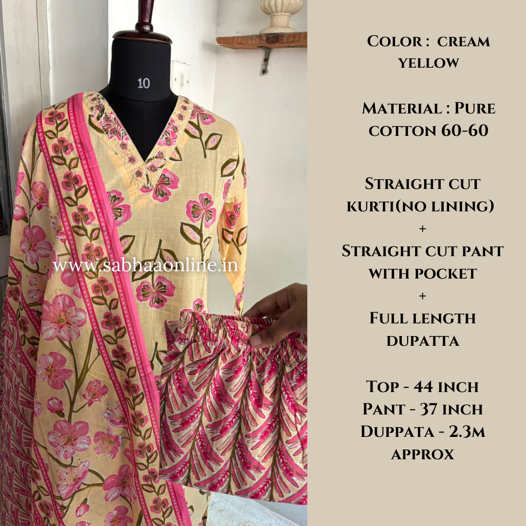 Sadha - Cream Yellow Cotton kurti 3pc set - LN 19