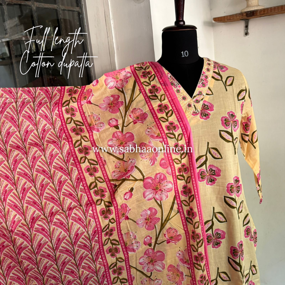 Sadha - Cream Yellow Cotton kurti 3pc set - LN 19