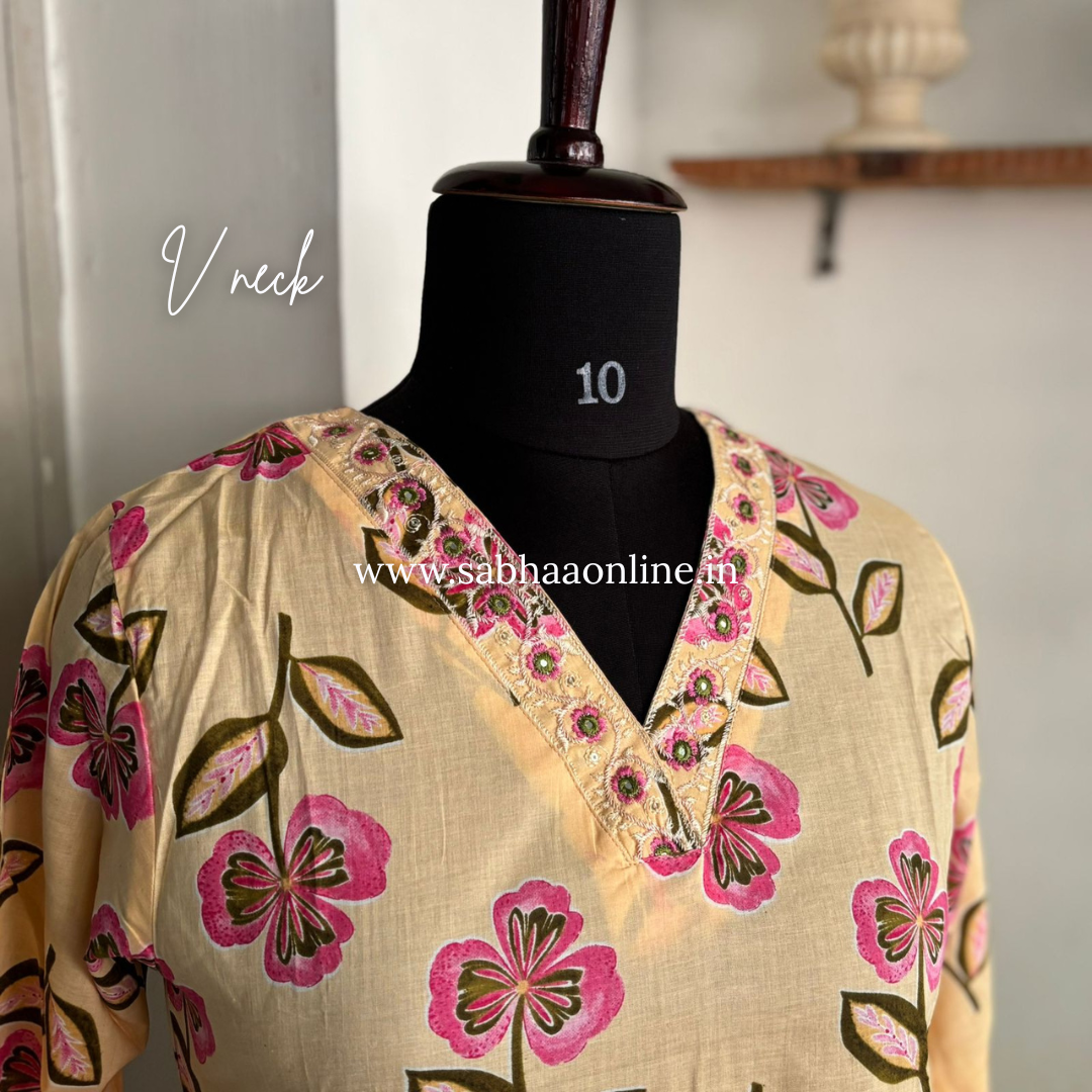 Sadha - Cream Yellow Cotton kurti 3pc set - LN 19