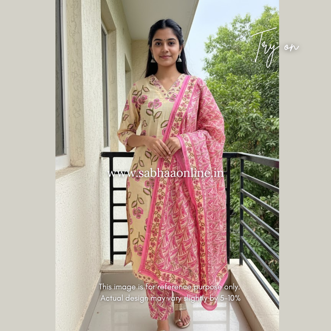 Sadha - Cream Yellow Cotton kurti 3pc set - LN 19