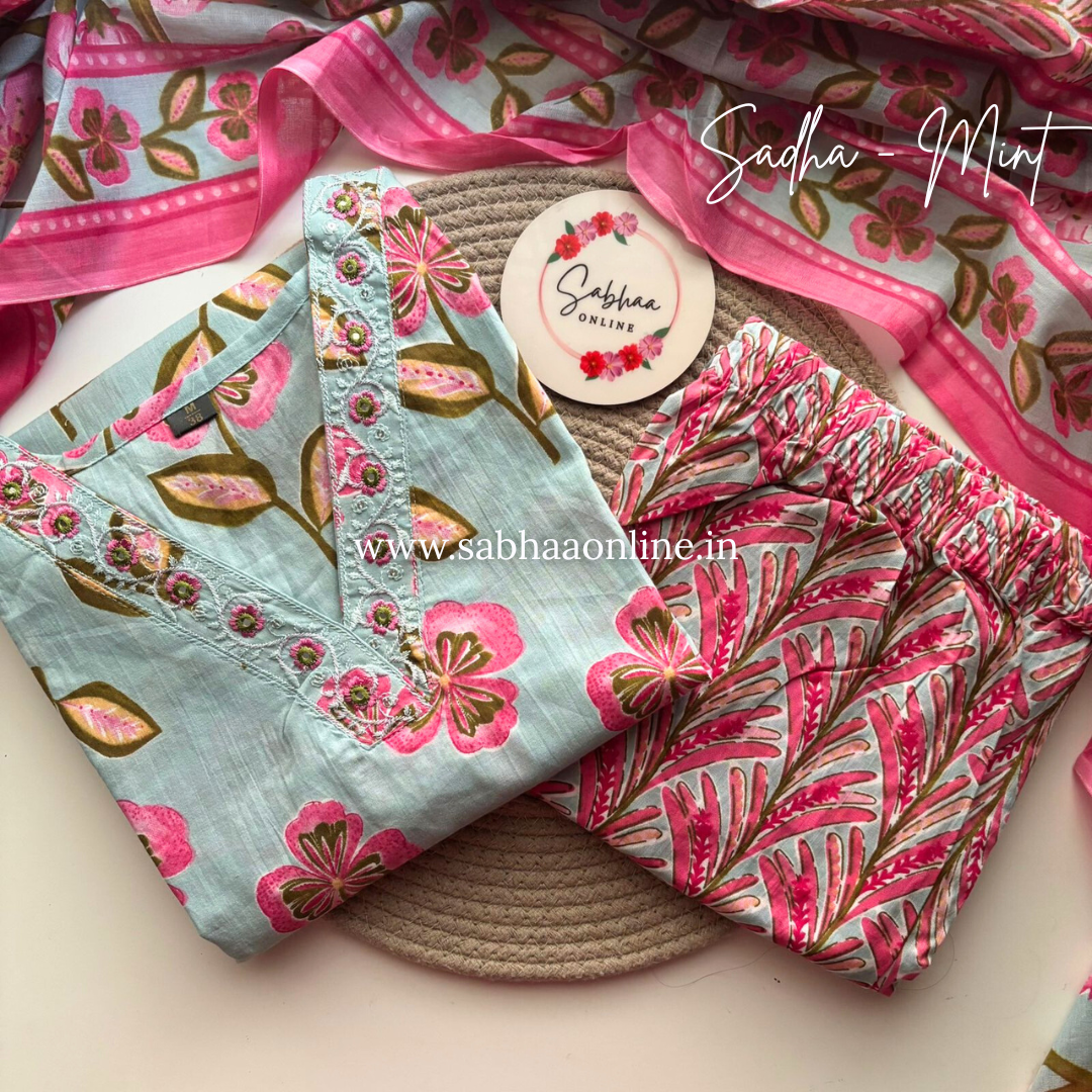Sadha - Light Mint Cotton Kurti 3pc set - LN 19