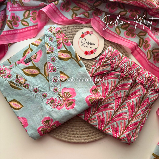 Sadha - Light Mint Cotton Kurti 3pc set - LN 19