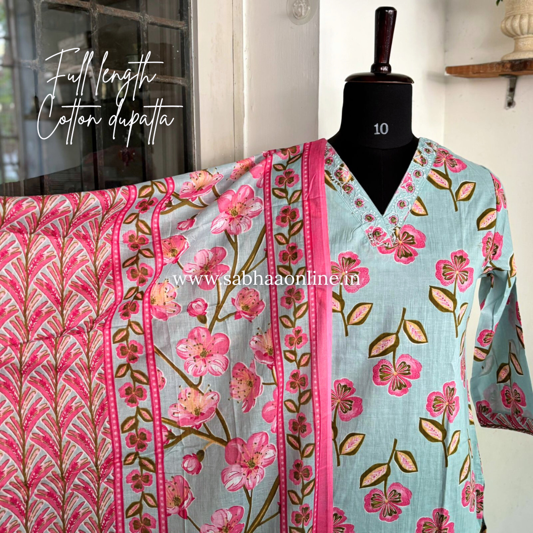 Sadha - Light Mint Cotton Kurti 3pc set - LN 19