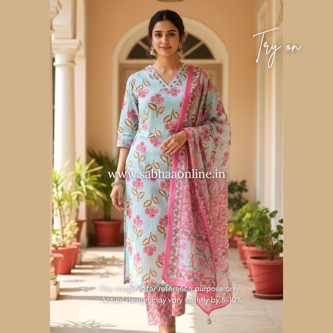 Sadha - Light Mint Cotton Kurti 3pc set - LN 19