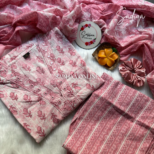 Sadiqa - Baby Pink Cotton Kurti 3pc set