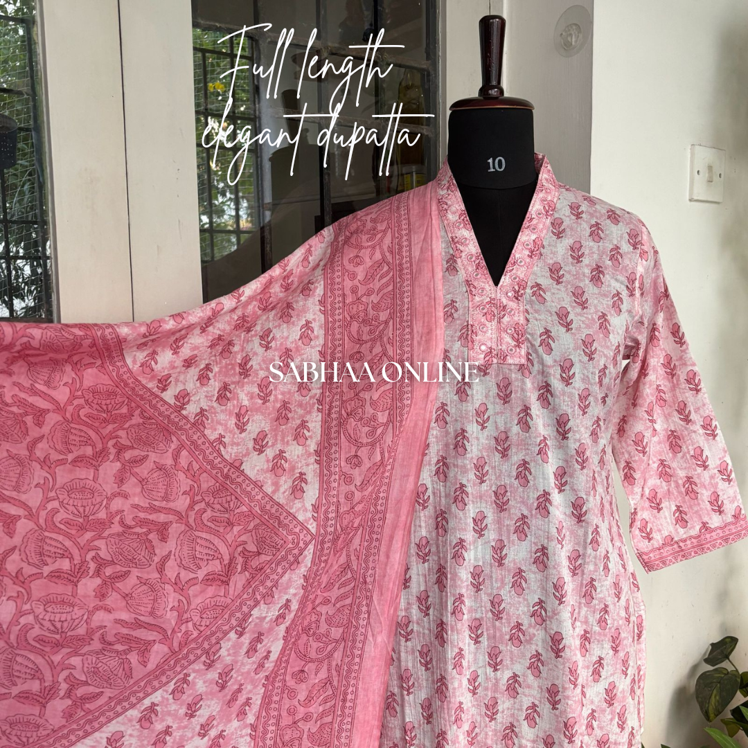 Sadiqa - Baby Pink Cotton Kurti 3pc set