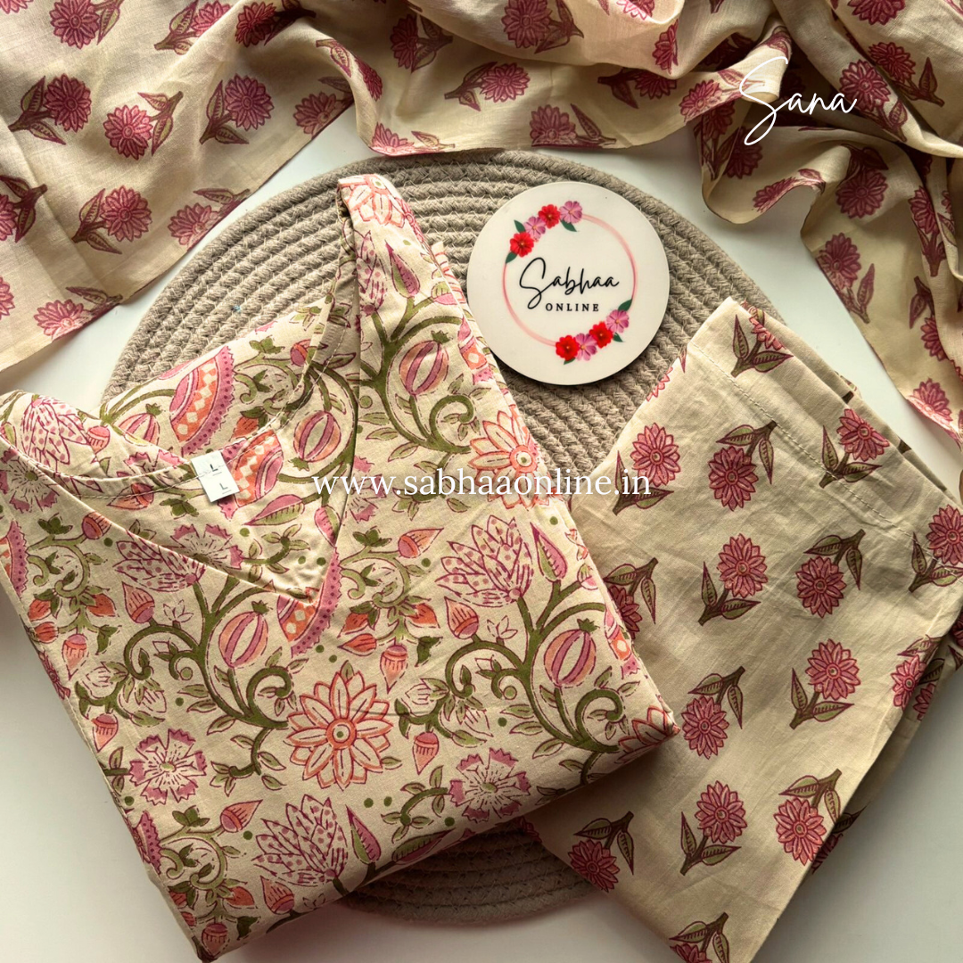 Sana - Cream and pink Cotton kurti 3pc set with lining - LN20