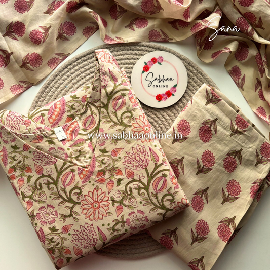 Sana - Cream and pink Cotton kurti 3pc set with lining - LN20