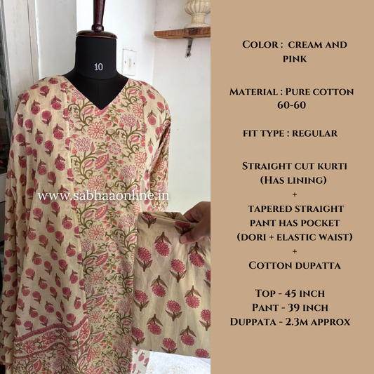 Sana - Cream and pink Cotton kurti 3pc set with lining - LN20