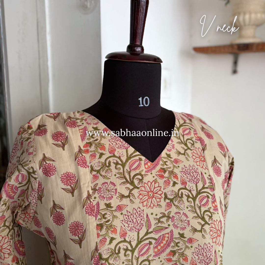 Sana - Cream and pink Cotton kurti 3pc set with lining - LN20