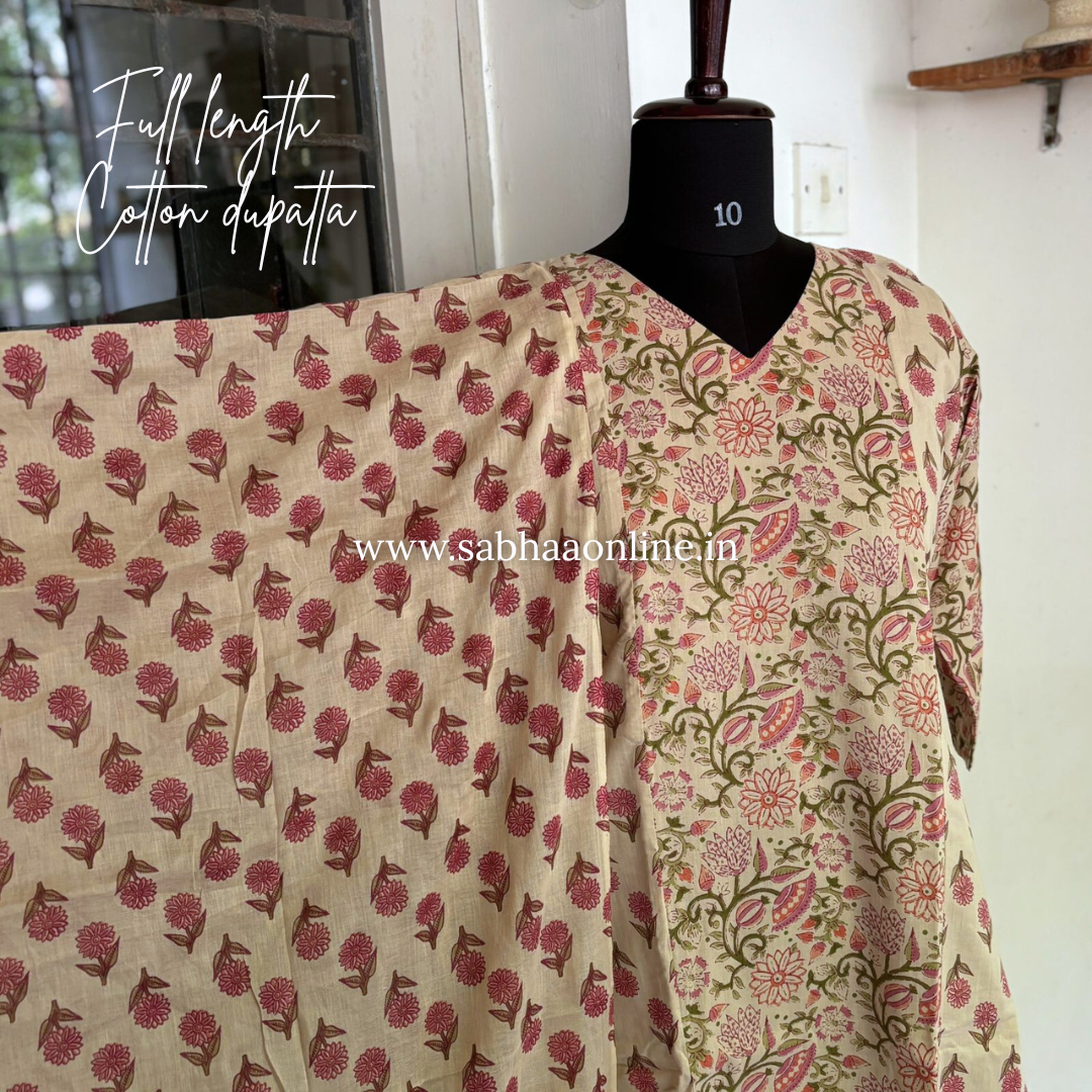 Sana - Cream and pink Cotton kurti 3pc set with lining - LN20