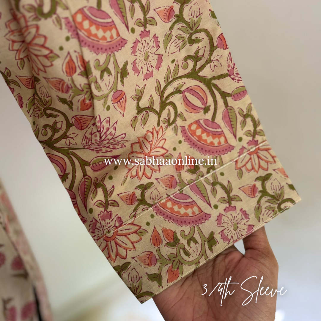 Sana - Cream and pink Cotton kurti 3pc set with lining - LN20