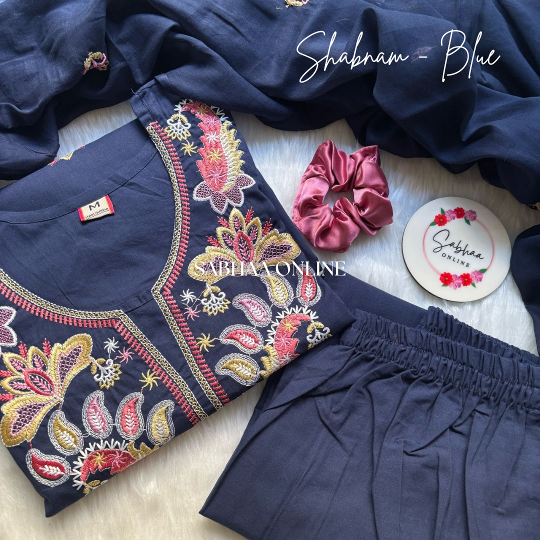 Shabnam - Blue Embroidery Cotton Kurti 3pc set