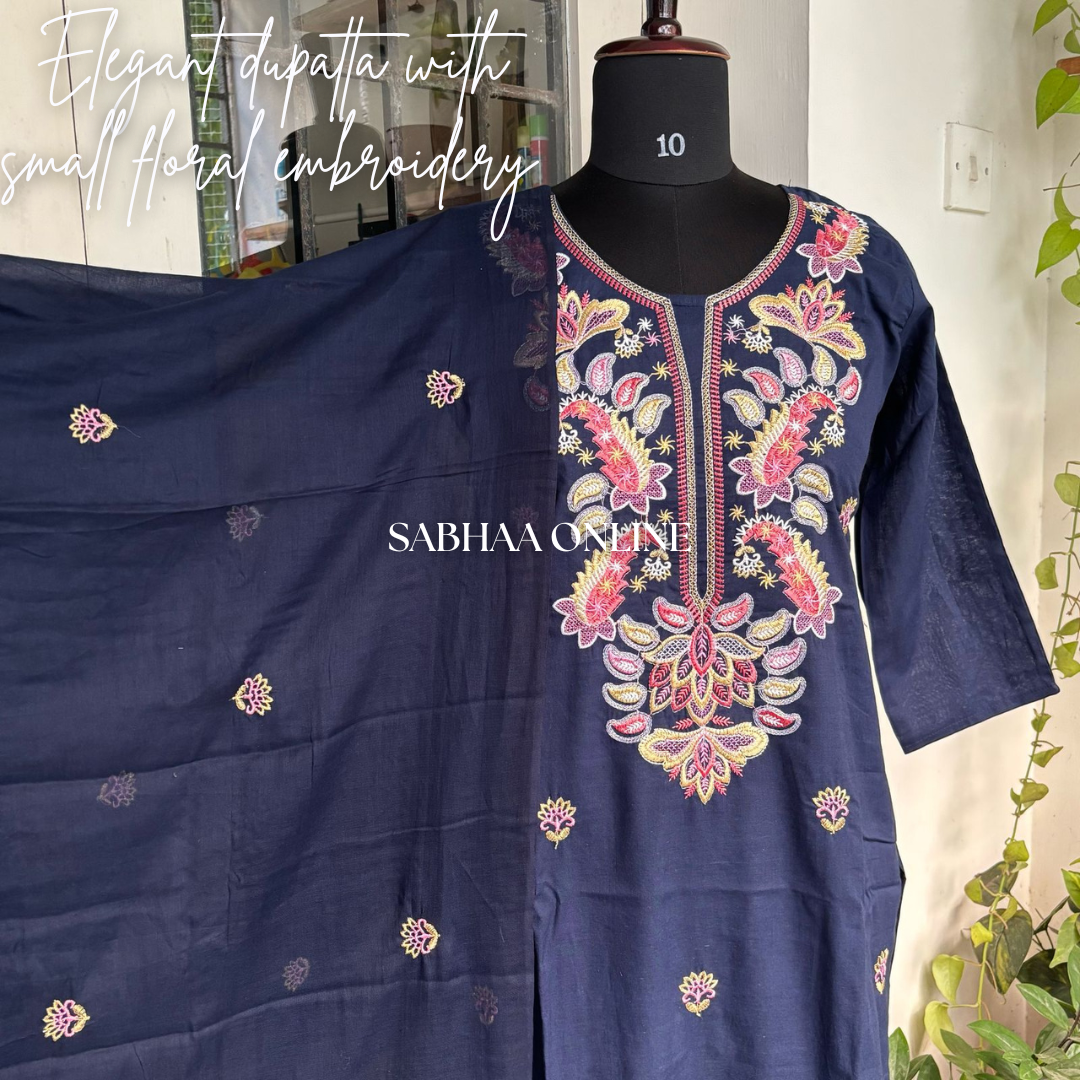 Shabnam - Blue Embroidery Cotton Kurti 3pc set