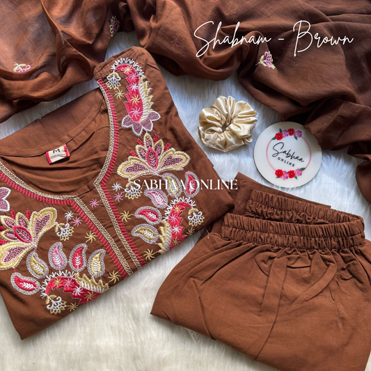 Shabnam - Brown Embroidery Cotton Kurti 3pc set